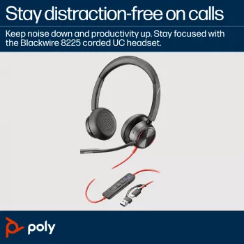 HP Poly Blackwire 8225 Stereo Microsoft Teams sertifikuotos ausinės su USB-C jungtimi ir USB-C/A adapteriu