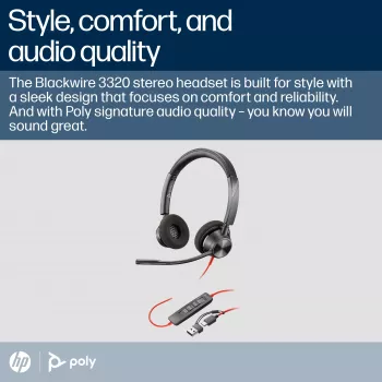 HP Poly Blackwire 3320 Stereo USB-C ausinės su USB-C/A adapteriu, sertifikuotos Microsoft Teams