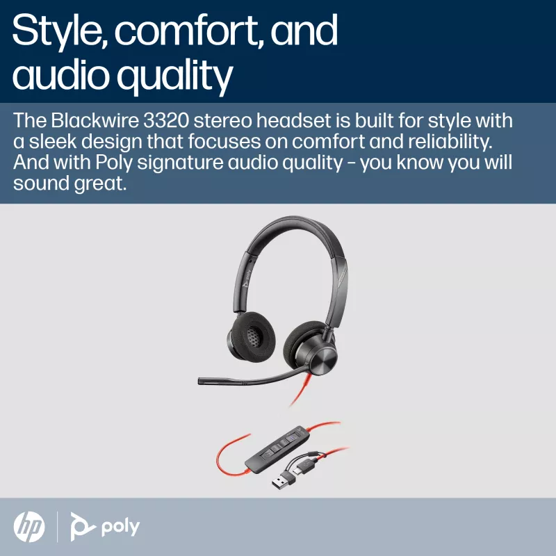 HP Poly Blackwire 3320 Stereo USB-C ausinės su USB-C/A adapteriu, sertifikuotos Microsoft Teams