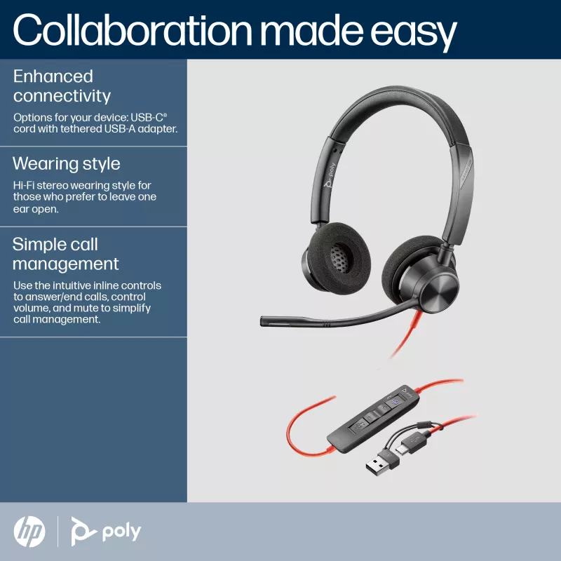 HP Poly Blackwire 3320 Stereo USB-C ausinės su USB-C/A adapteriu, sertifikuotos Microsoft Teams