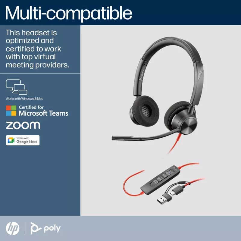 HP Poly Blackwire 3320 Stereo USB-C ausinės su USB-C/A adapteriu, sertifikuotos Microsoft Teams