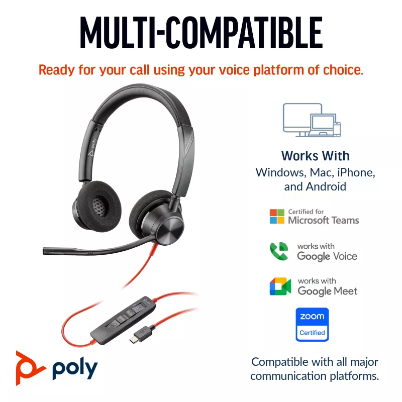 HP Poly Blackwire 3320 Stereo USB-C ausinės su USB-C/A adapteriu, sertifikuotos Microsoft Teams