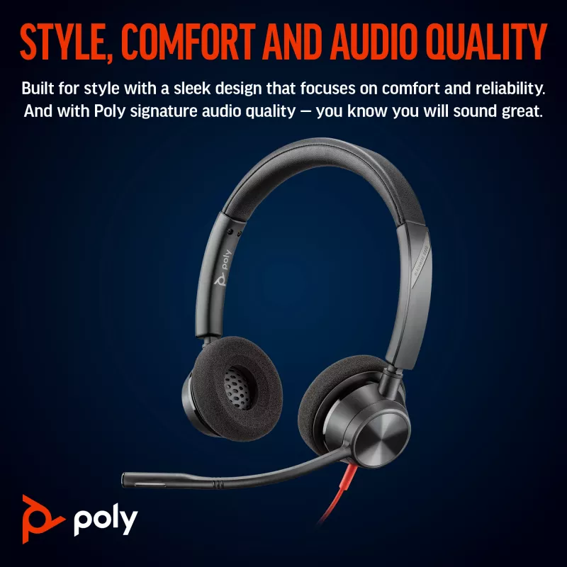 HP Poly Blackwire 3320 Stereo USB-C ausinės su USB-C/A adapteriu, sertifikuotos Microsoft Teams