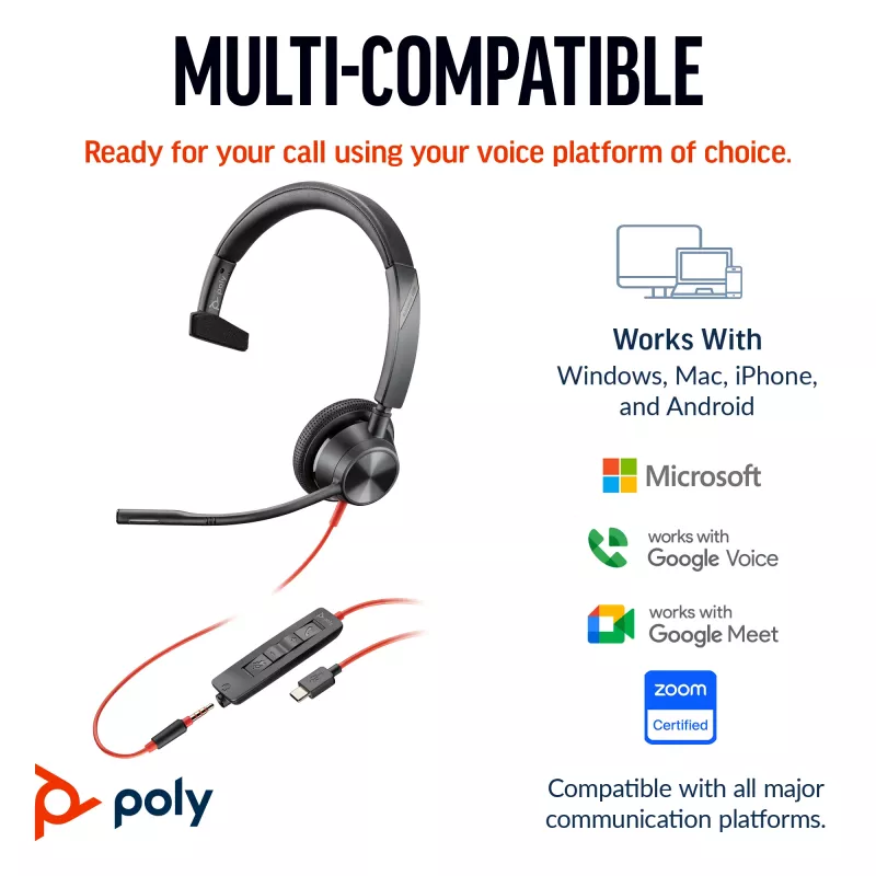 HP Poly Blackwire 3315 Monofoninis ausinių rinkinys su USB-C, 3,5 mm kištuku ir USB-C/A adapteriu