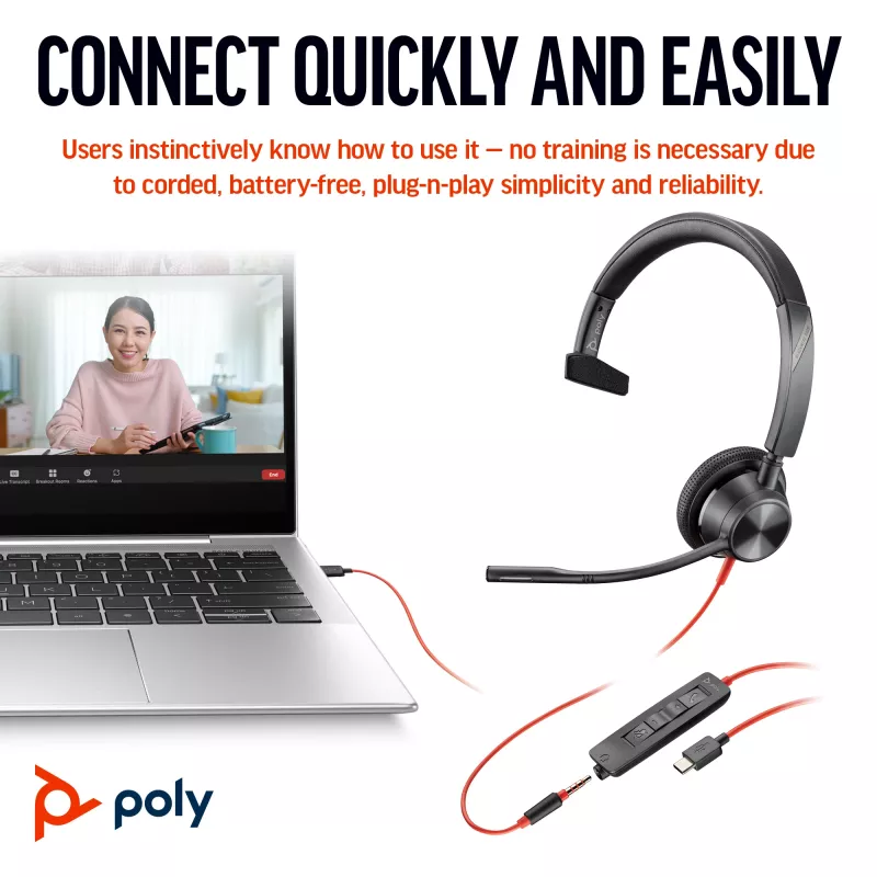 HP Poly Blackwire 3315 Monofoninis ausinių rinkinys su USB-C, 3,5 mm kištuku ir USB-C/A adapteriu