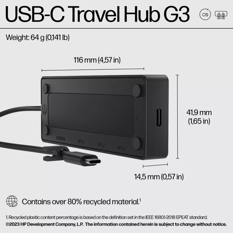 HP USB-C Travel Hub G3, USB 3.2 Gen 2 Type-C, 65 W, 60 Hz, HDMI, USB 3.2 Gen 2 Type-A, USB 3.2 Gen 2 Type-C, Vietnam