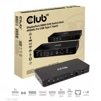 CLUB3D CSV-1585 DisplayPort / HDMI KVM stotelė su 4K60Hz, USB Type-C įvadams