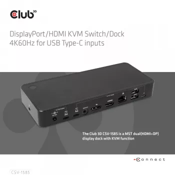 CLUB3D CSV-1585 DisplayPort / HDMI KVM stotelė su 4K60Hz, USB Type-C įvadams
