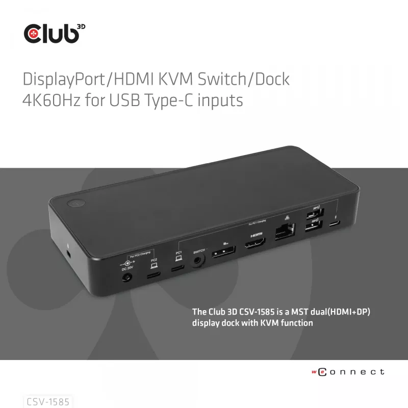 CLUB3D CSV-1585 DisplayPort / HDMI KVM stotelė su 4K60Hz, USB Type-C įvadams