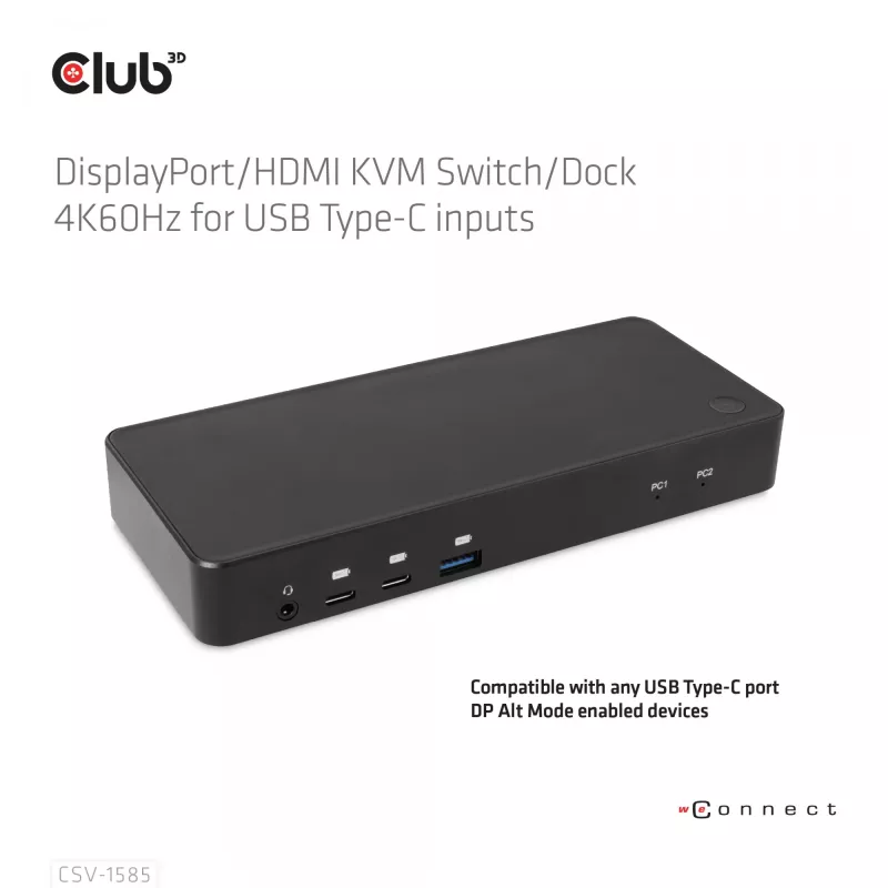 CLUB3D CSV-1585 DisplayPort / HDMI KVM stotelė su 4K60Hz, USB Type-C įvadams