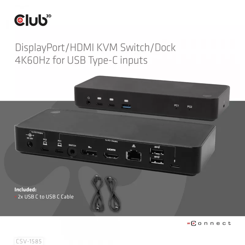 CLUB3D CSV-1585 DisplayPort / HDMI KVM stotelė su 4K60Hz, USB Type-C įvadams