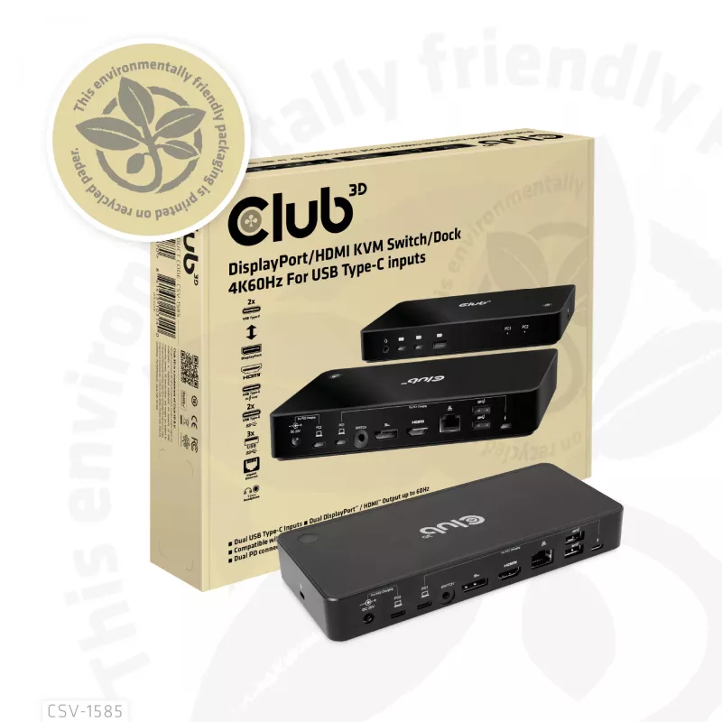 CLUB3D CSV-1585 DisplayPort / HDMI KVM stotelė su 4K60Hz, USB Type-C įvadams