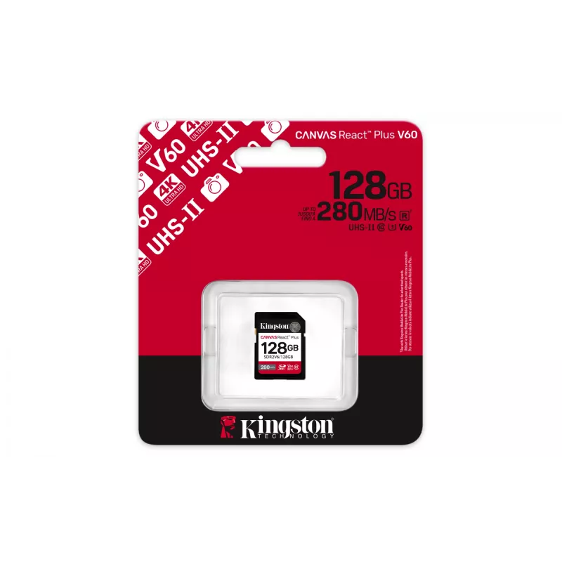 Kingston Technology 128GB Canvas React Plus SDXC UHS-II 280R/100W U3 V60, skirta Full HD/4K