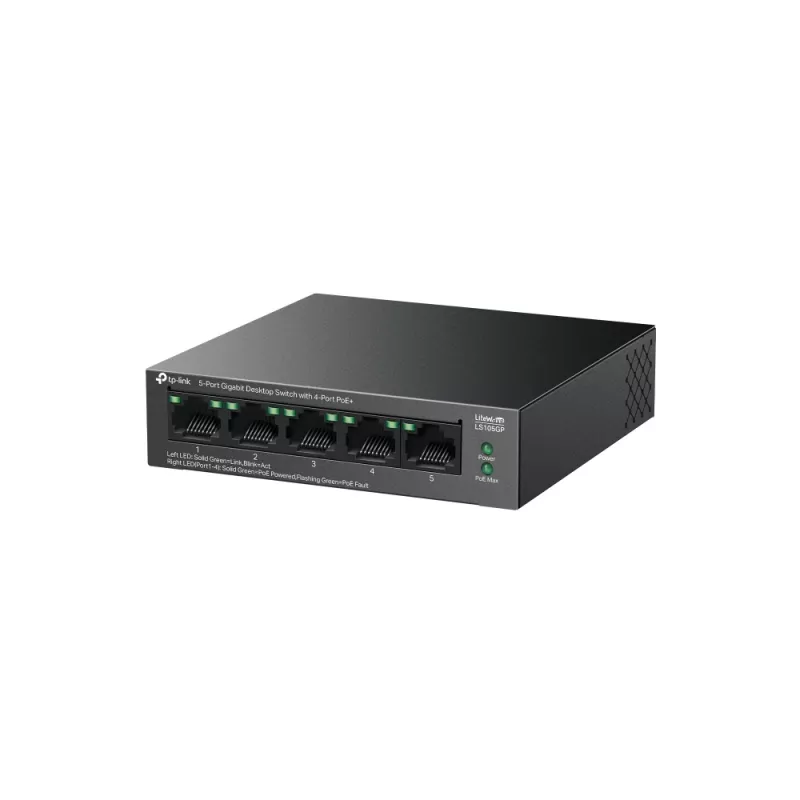 TP-Link LiteWave 5 prievadų Gigabit darbalaukio jungiklis su 4 PoE+ prievadais (5x Gigabit, 4 PoE+, 65 W PoE biudžetas)