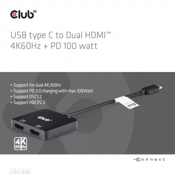 CLUB3D CSV-1558 USB-C® centrinis įrenginys su dviem HDMI™ 4K60Hz išėjimais ir PD3.0 100 W