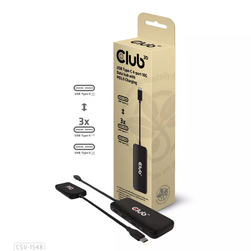 CLUB3D CSV-1548 USB-C 4 prievadų 10G duomenų šakotuvas su PD3.0 įkrovimu, juodas