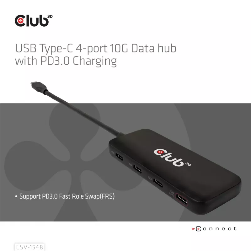 CLUB3D CSV-1548 USB-C 4 prievadų 10G duomenų šakotuvas su PD3.0 įkrovimu, juodas