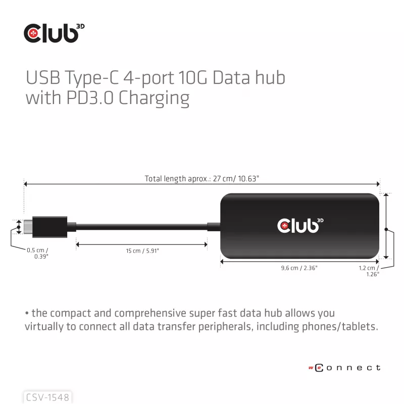 CLUB3D CSV-1548 USB-C 4 prievadų 10G duomenų šakotuvas su PD3.0 įkrovimu, juodas