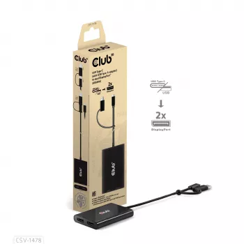 Vaizdo skirstytuvas Club 3D CSV-1478 USB Type-C (su USB-A adapteriu) į du DisplayPort 4K60Hz, juodas