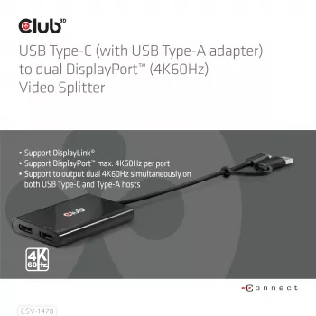 Vaizdo skirstytuvas Club 3D CSV-1478 USB Type-C (su USB-A adapteriu) į du DisplayPort 4K60Hz, juodas