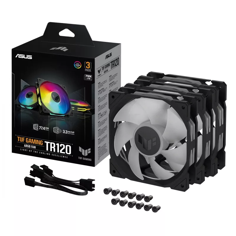ASUS TUF GAMING TR120 ARGB 3IN1 Black – 3 vienetų 120 mm kompiuterio korpuso ventiliatorių rinkinys su ARGB apšvietimu