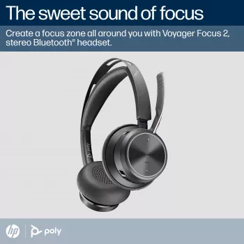 HP Poly Voyager Focus 2 belaidė stereo ausinė su mikrofonu, sertifikuota Microsoft Teams, USB-C-C jungtis, komplekte USB-C/A adapteris ir įkrovimo stovelis