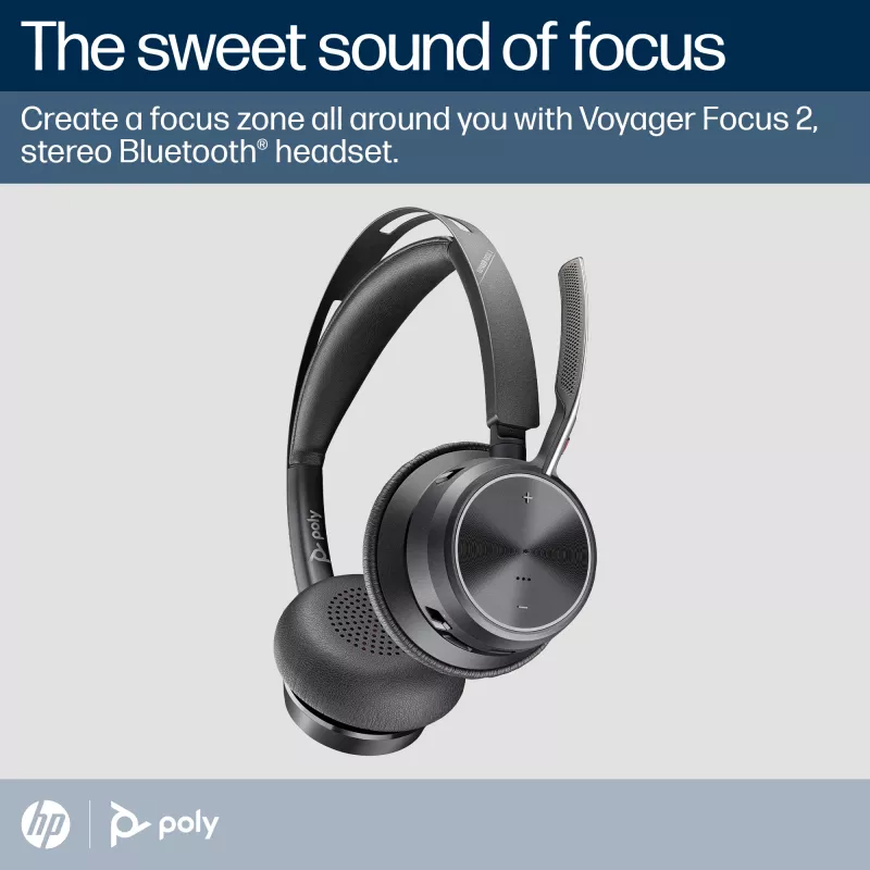 HP Poly Voyager Focus 2 belaidė stereo ausinė su mikrofonu, sertifikuota Microsoft Teams, USB-C-C jungtis, komplekte USB-C/A adapteris ir įkrovimo stovelis