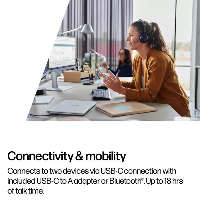 HP Poly Voyager Focus 2 belaidė stereo ausinė su mikrofonu, sertifikuota Microsoft Teams, USB-C-C jungtis, komplekte USB-C/A adapteris ir įkrovimo stovelis