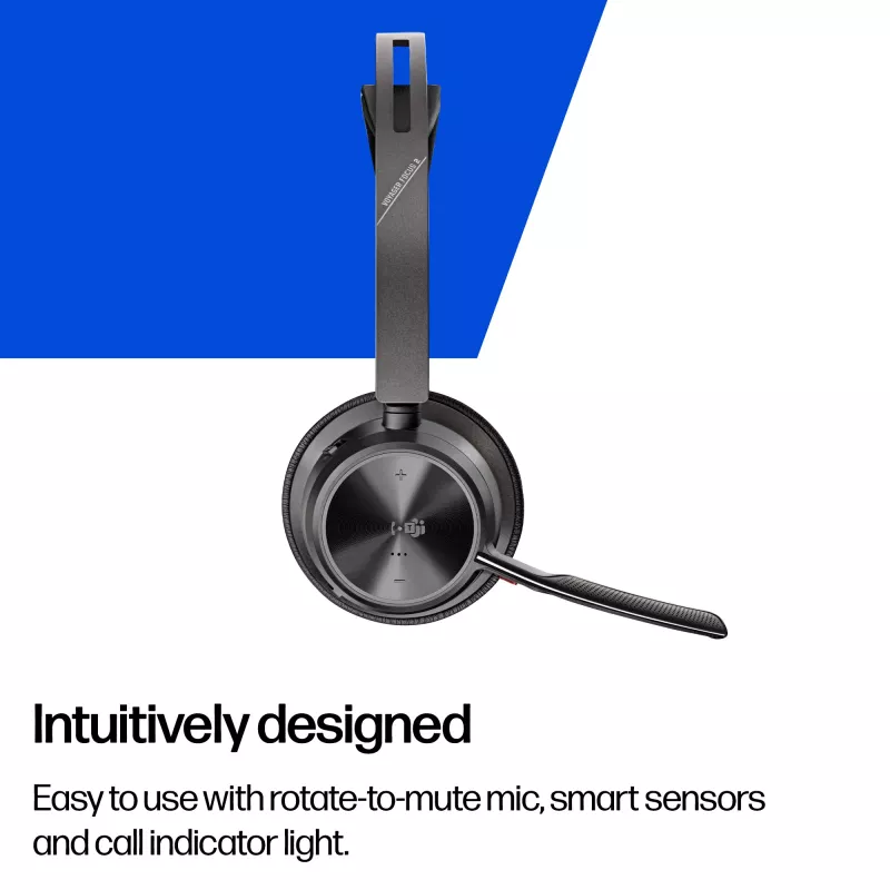 HP Poly Voyager Focus 2 belaidė stereo ausinė su mikrofonu, sertifikuota Microsoft Teams, USB-C-C jungtis, komplekte USB-C/A adapteris ir įkrovimo stovelis