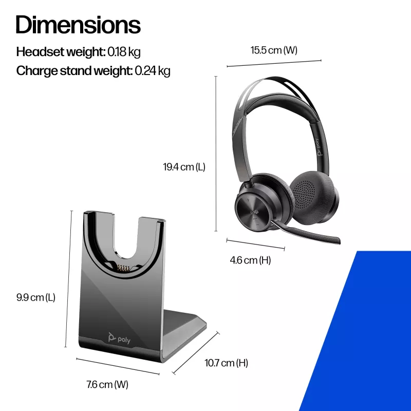 HP Poly Voyager Focus 2 belaidė stereo ausinė su mikrofonu, sertifikuota Microsoft Teams, USB-C-C jungtis, komplekte USB-C/A adapteris ir įkrovimo stovelis