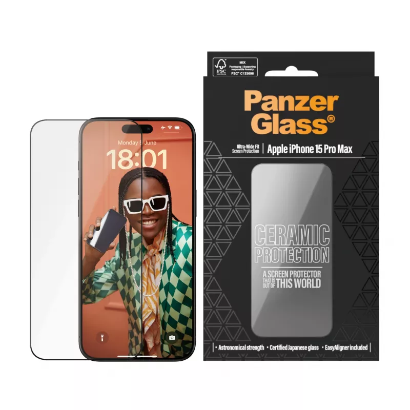 PanzerGlass ® Ceramic Protection ekrano apsauga iPhone 15 Pro Max | Ultra-Wide Fit su EasyAligner