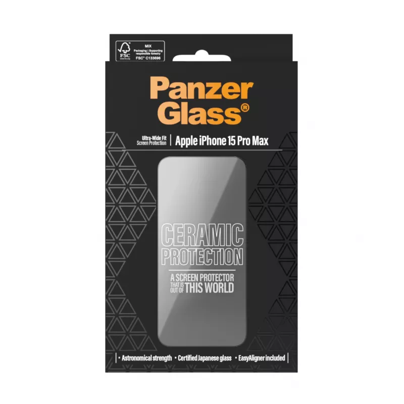 PanzerGlass ® Ceramic Protection ekrano apsauga iPhone 15 Pro Max | Ultra-Wide Fit su EasyAligner