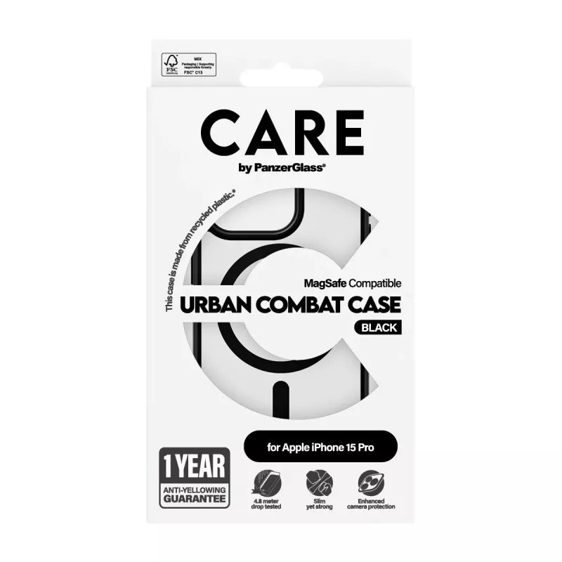 PanzerGlass CARE™ by ® Urban Combat dėklas permatomas su juodu MagSafe iPhone 15 Pro