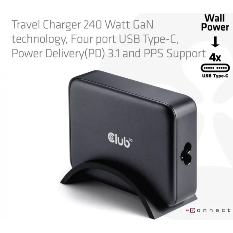 CLUB3D CAC-1918 Universalus juodas kroviklis su 4 USB Type-C prievadais, 240 W, GaN