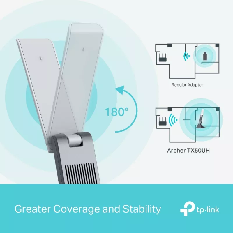 Belaidis USB adapteris TP-Link Archer AX3000 (Archer TX50UH) – dviejų juostų Wi‑Fi 6, USB 3.2 Gen1, iki 3000 Mbps, vidinė antena, Windows 11