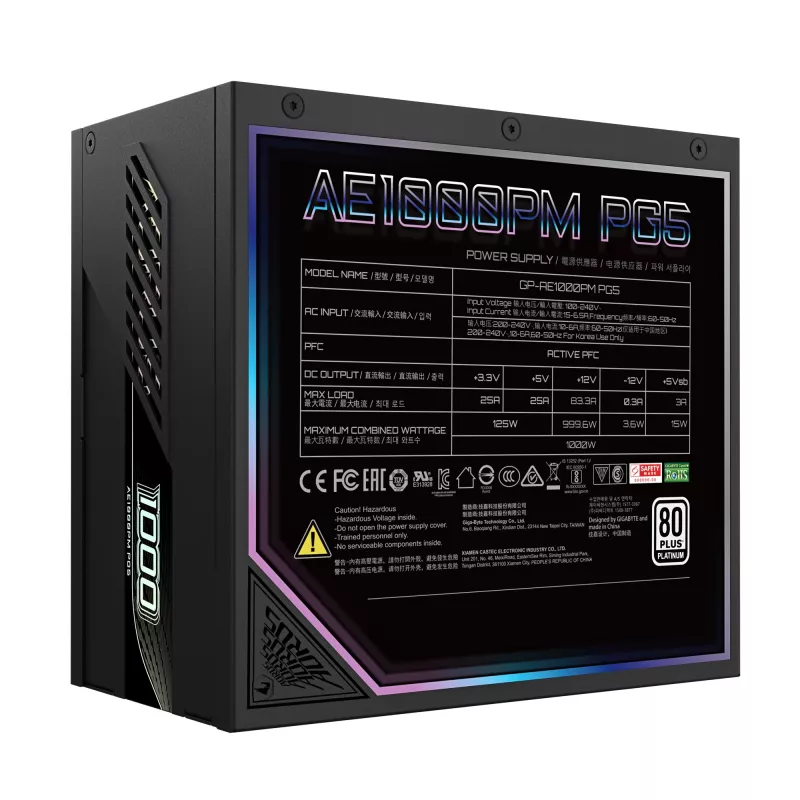 GIGABYTE AORUS ELITE P1000W ICE maitinimo blokas - PCIe 5.0, 80 PLUS Platinum, visiškai modulinis, 120 mm ventiliatorius, ATX 3.0, EU kištukas