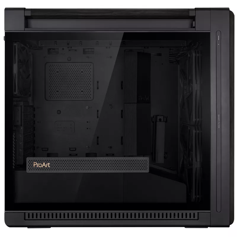 PC korpusas ASUS ProArt PA602 Wood Edition Midi Tower Juodas – Medis, ATX/EATX, Grūdintas stiklas, 4×3,5 colio / 8×2,5 colio, GPU iki 450 mm