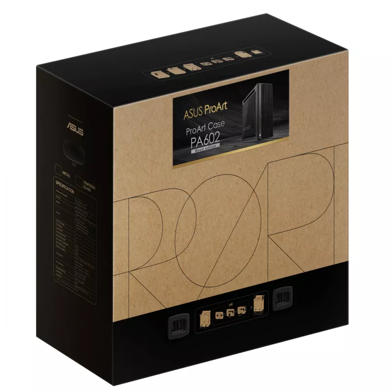 PC korpusas ASUS ProArt PA602 Wood Edition Midi Tower Juodas – Medis, ATX/EATX, Grūdintas stiklas, 4×3,5 colio / 8×2,5 colio, GPU iki 450 mm