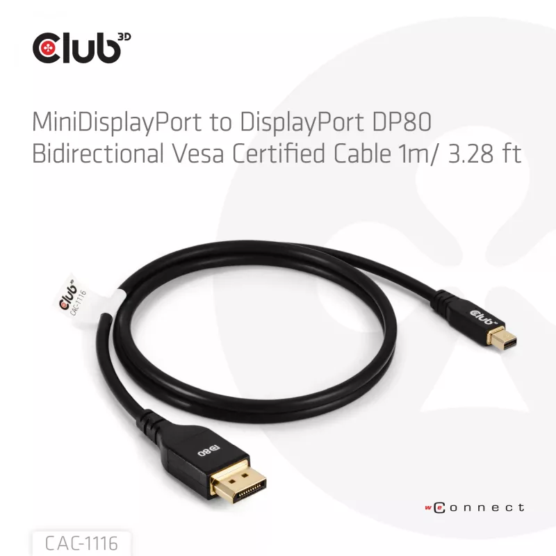 CLUB3D Mini DisplayPort™ į DisplayPort™ dvikryptis VESA DP80 sertifikuotas laidas M/M 1m/3.28ft