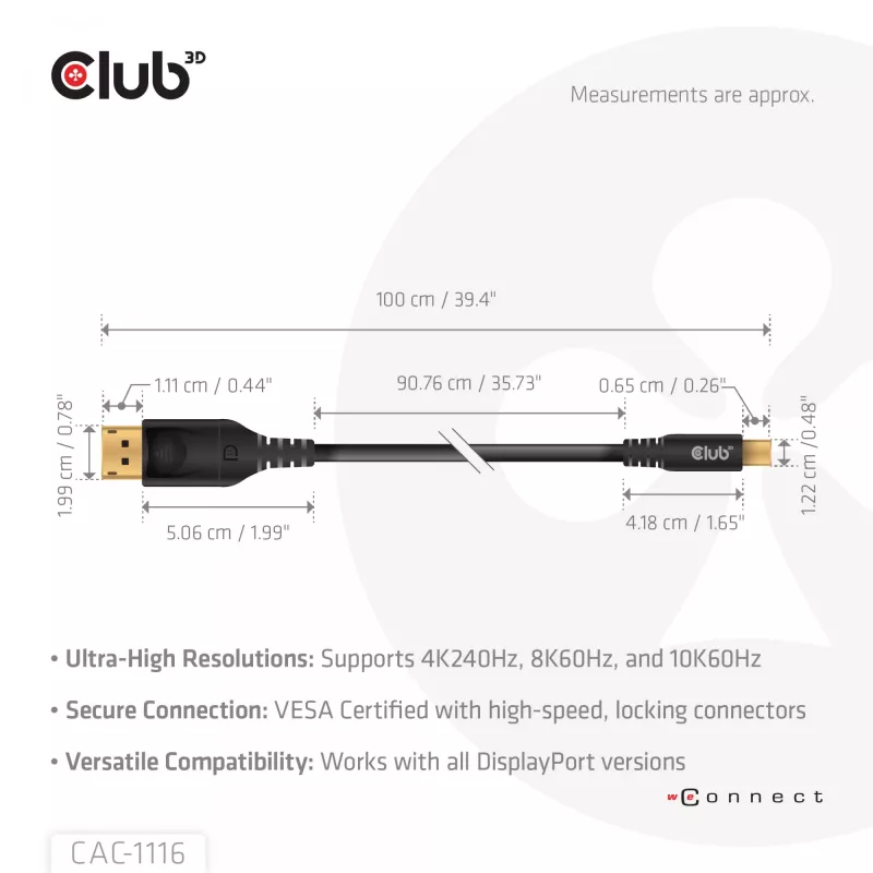 CLUB3D Mini DisplayPort™ į DisplayPort™ dvikryptis VESA DP80 sertifikuotas laidas M/M 1m/3.28ft
