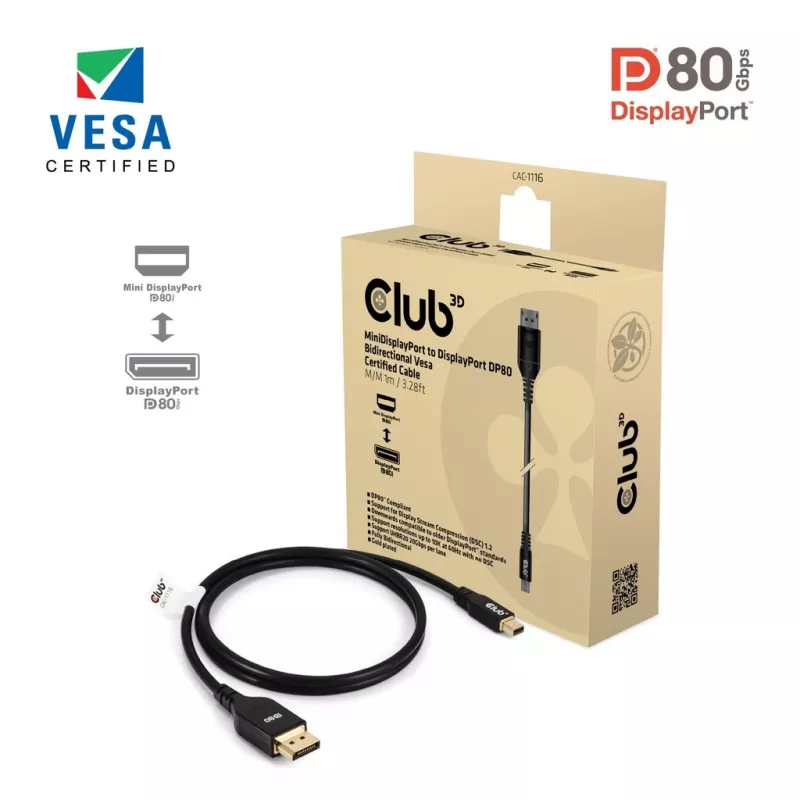 CLUB3D Mini DisplayPort™ į DisplayPort™ dvikryptis VESA DP80 sertifikuotas laidas M/M 1m/3.28ft