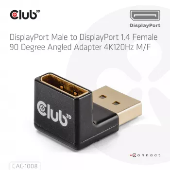 Adapteris Club 3D DisplayPort kištukas į DisplayPort 1.4 lizdą 90° kampu, palaiko 4K@120Hz