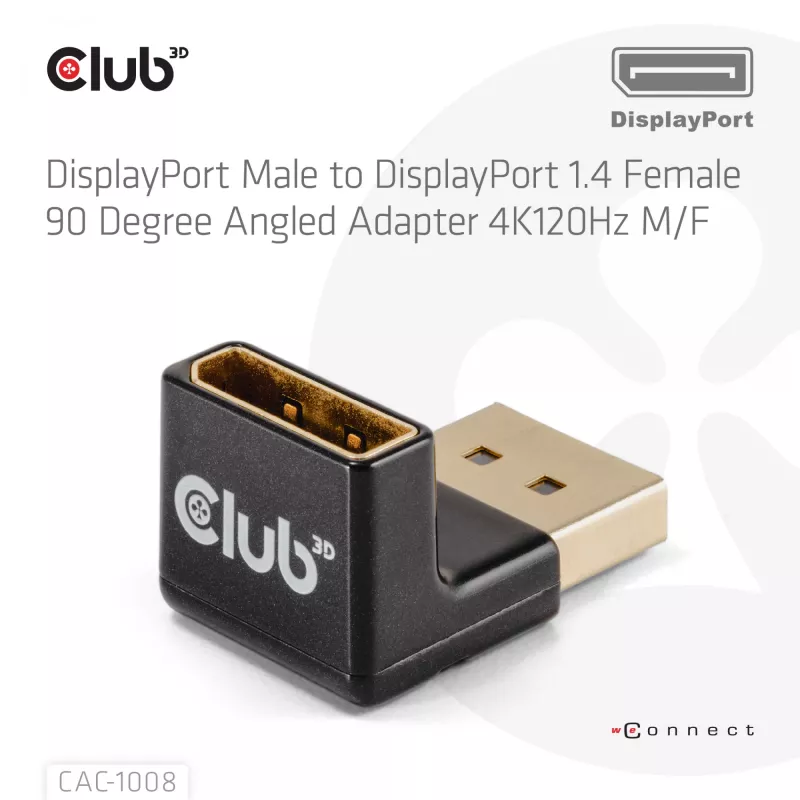 Adapteris Club 3D DisplayPort kištukas į DisplayPort 1.4 lizdą 90° kampu, palaiko 4K@120Hz