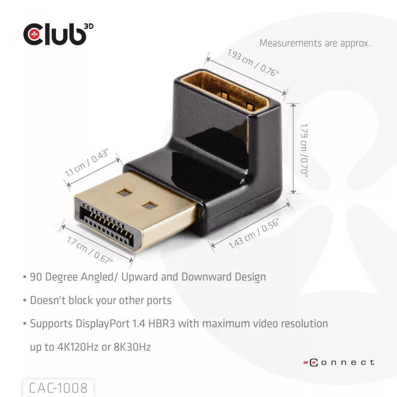 Adapteris Club 3D DisplayPort kištukas į DisplayPort 1.4 lizdą 90° kampu, palaiko 4K@120Hz