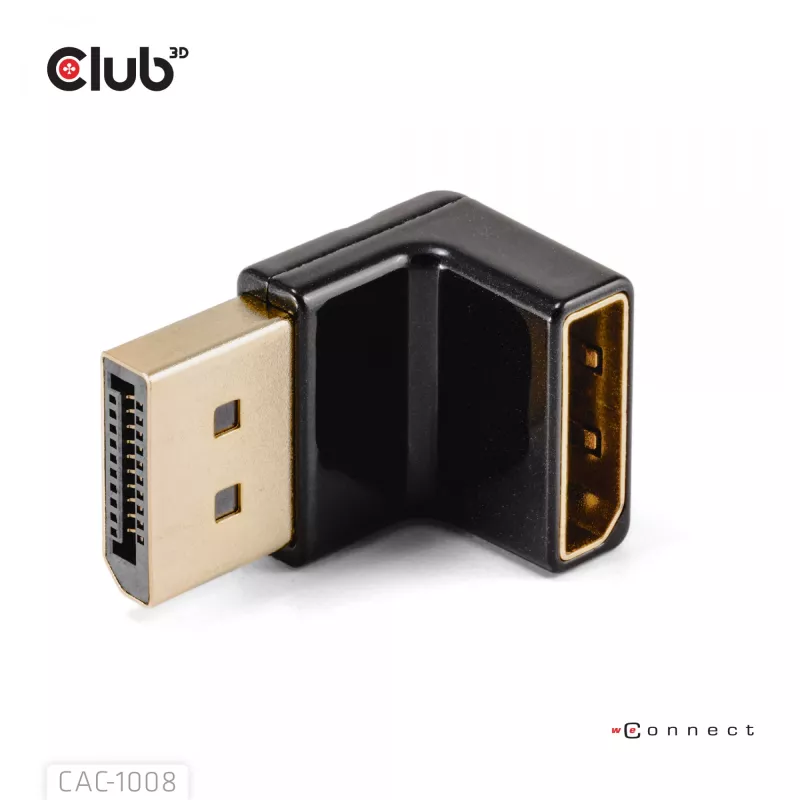 Adapteris Club 3D DisplayPort kištukas į DisplayPort 1.4 lizdą 90° kampu, palaiko 4K@120Hz