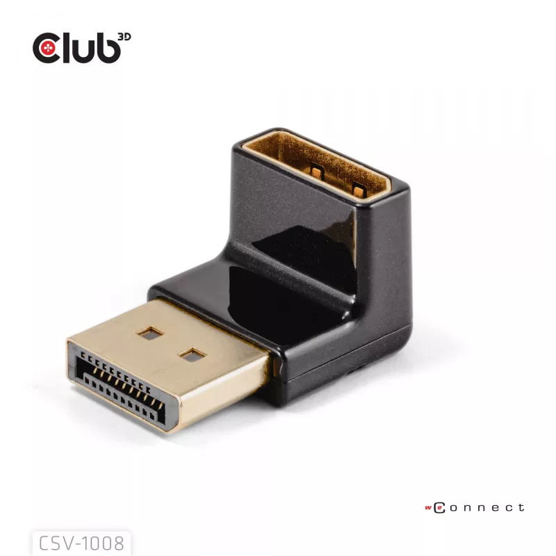 Adapteris Club 3D DisplayPort kištukas į DisplayPort 1.4 lizdą 90° kampu, palaiko 4K@120Hz