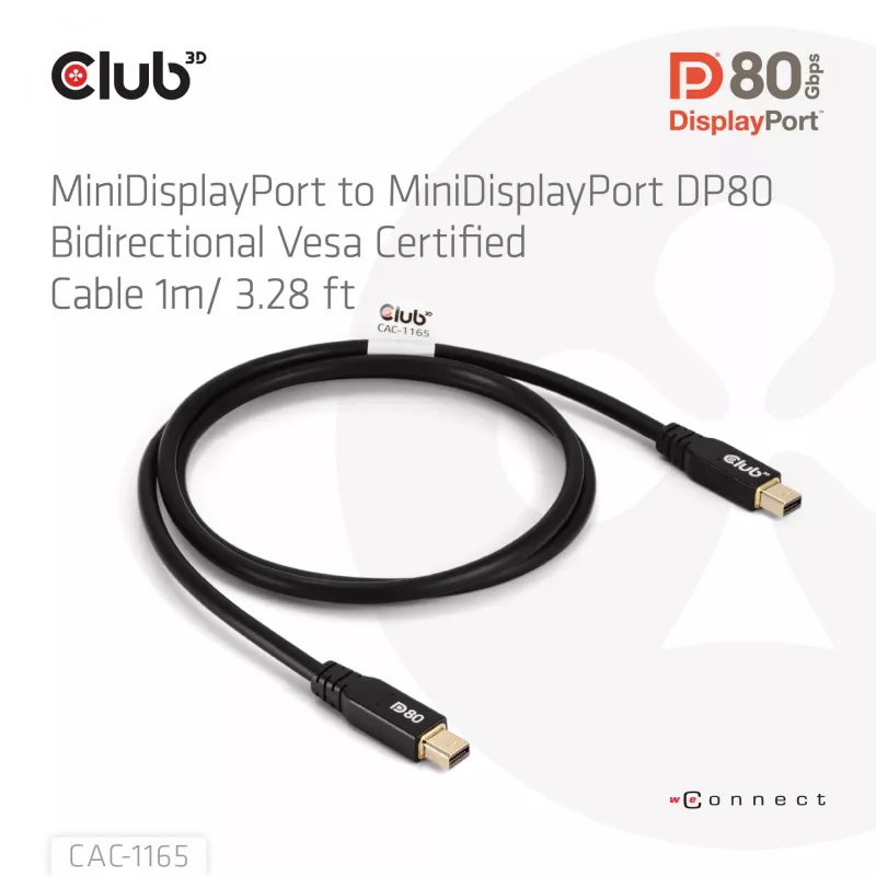 CLUB3D MiniDisplayPort™ į MiniDisplayPort dvipusis VESA DP80 sertifikuotas laidas M/M 1 m / 3,28 pėdos