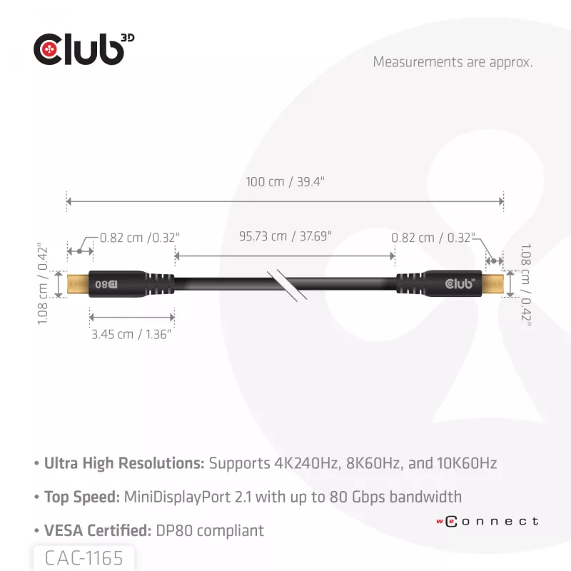 CLUB3D MiniDisplayPort™ į MiniDisplayPort dvipusis VESA DP80 sertifikuotas laidas M/M 1 m / 3,28 pėdos