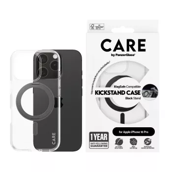 PanzerGlass CARE™ by ® Dėklas Skaidrus su Juodu Atraminiu Stoveliu ir MagSafe iPhone 16 Pro