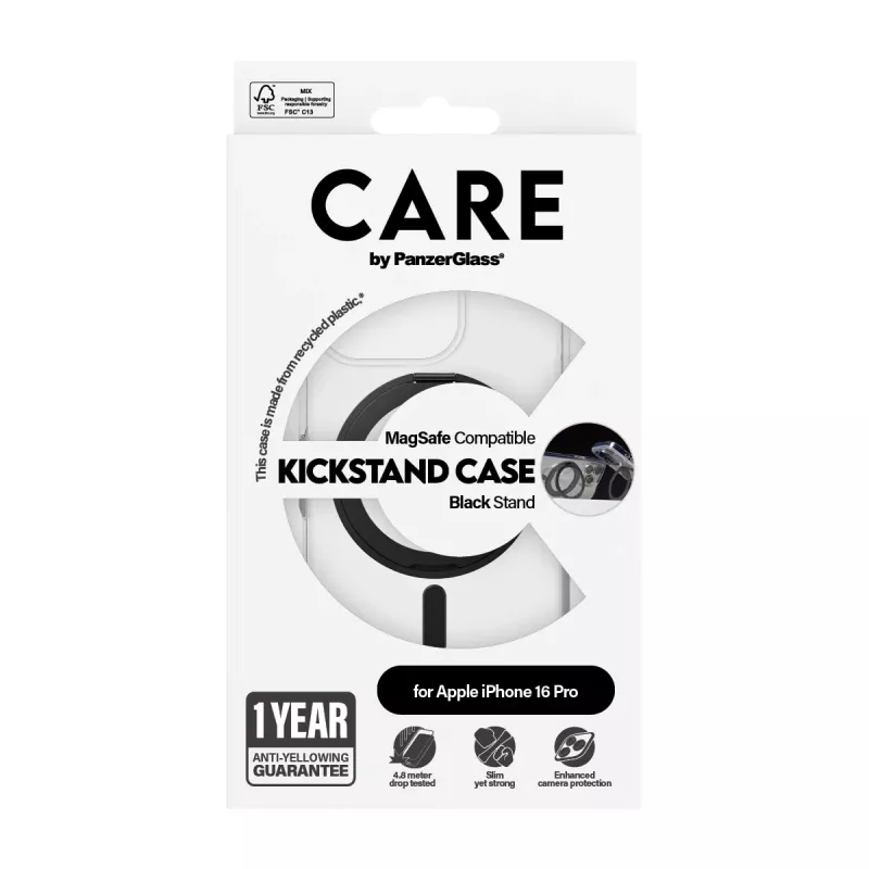 PanzerGlass CARE™ by ® Dėklas Skaidrus su Juodu Atraminiu Stoveliu ir MagSafe iPhone 16 Pro